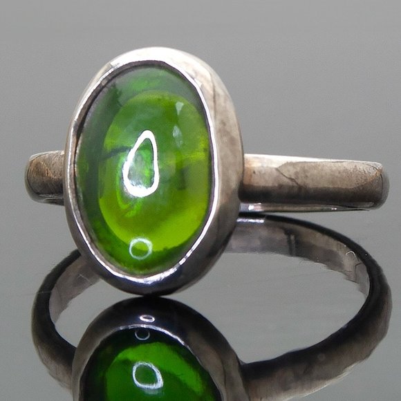 Jewelry - Green Chrome Diopside Cabochon Ring sz7, Vintage Sterling Silver CustomMade Ring